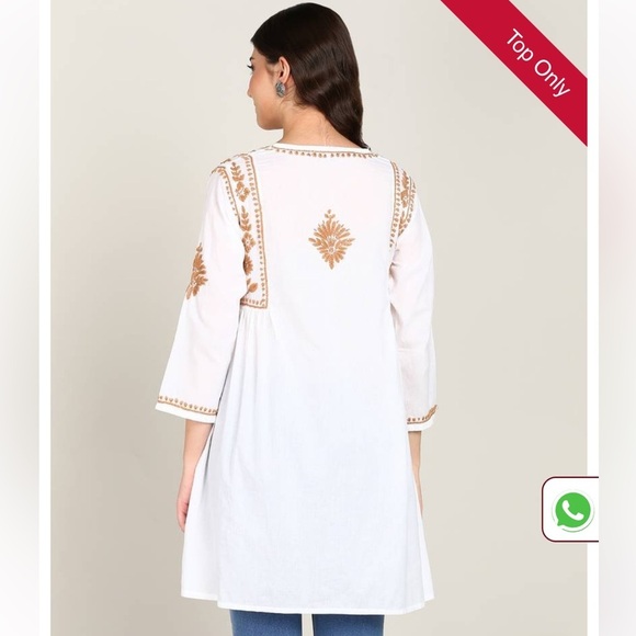 Vahson Handmade Short Chikan Cotton Kurti Embroidered Womens Sz Large White NEW - Picture 6 of 15